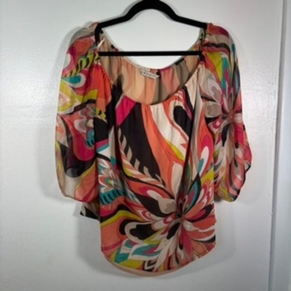 Trina‎ Turk Blouse Sz M Multicolor Silk Floral Abstract Boho Top Off Shoulder